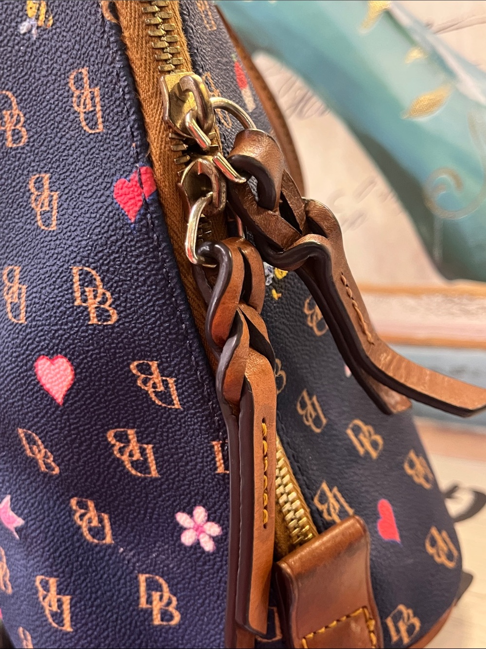 Dooney & Bourke Navy Satchel with Brown Trim and Multicolor Motifs - Picture 3 of 14